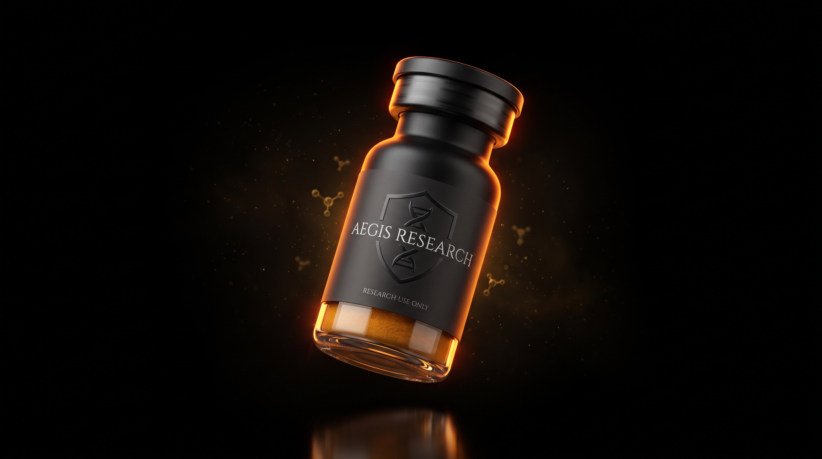 AEGIS RESEARCH matte-black research vial with amber-gold lyophilized cake